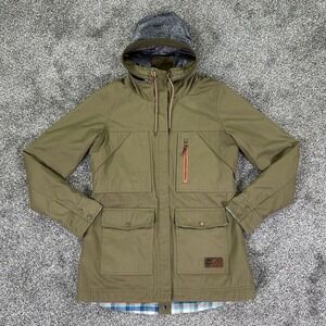 Orage Olive Green Hide a Hood Jacket Womens Small‎ Sherpa Lining Plaid Accents